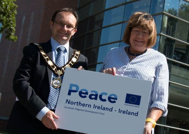 The Mayor, Cllr Paul Hamill launches the PEACE IV Programme with the PEACE IV Vice Chair, Valerie Adams.
