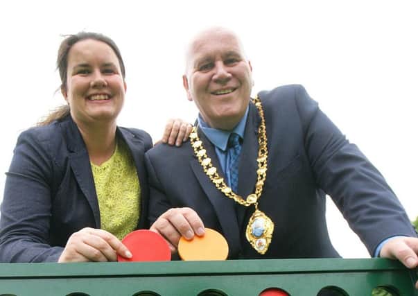Mayor of Mid and East Antrim Cllr Paul Reid with Play Development Officer, Denise McVeigh