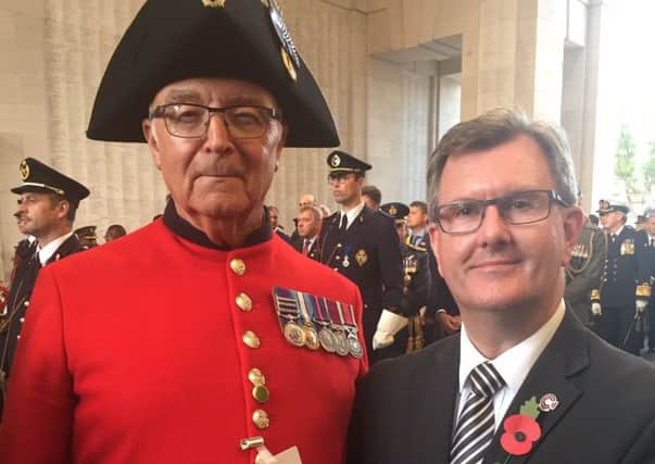 Sir Jeffrey Donaldson MP with Chelsea Pensioner Peter Henry, whose daughter lives in Hilden.