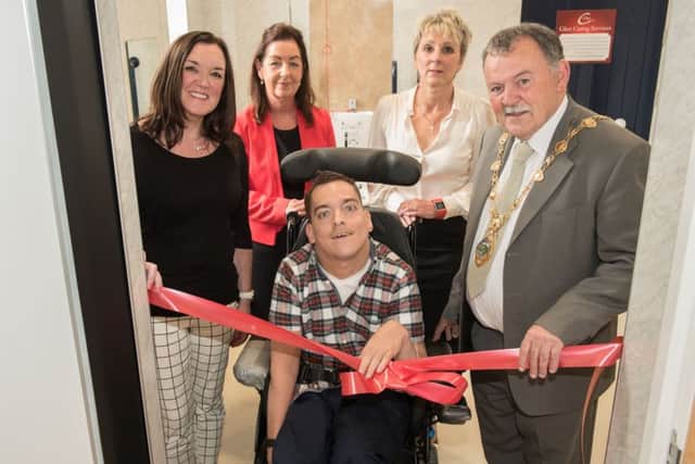 Orla McCann, Disability Action, Catherine Carlin, Disability Sevrices,  WHSCT, Linda Beckett, General Manager of Glen Caring, Jonathan Hagon, service user and the Mayor of Derry City and Strabane District Council, Councillor MaolÃ­osa McHugh pictured at the opening of the new Glen Caring changing ffacility for people with severe mobility disabilities which has been officially opened in Ebrington Square, Londonderry.  Picture: Martin McKeown.