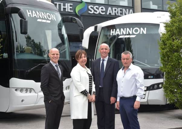 Steve Thornton, head of hockey operations, Stena Line Belfast Giants; Judith Harvey, group head of education and public affairs for Odyssey Trust Company; Neil Walker, general manager, The SSE Arena, Belfast; and Aodh Hannon, managing director of Hannon Coach. Pic by Simon Graham