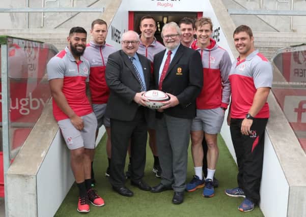 Paddy Mooney, director of Include Youth with Graffin Parke, Ulster Rugby president 2017-18 and some of the Ulster rugby squad, from left, Darren Cave, Tommy Bowe, Andrew Trimble, Wiehahn Herbst, Marcell Coetzee, and Charles Piutau.