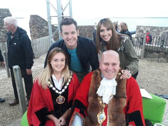 Matt Baker and Alex Jones from 'The One Show' posed for a 'selfie' at Carrickfergus Castle with the Mayor, Cllr. Paul Reid and Deputy Mayor, Cheryl Johnston.