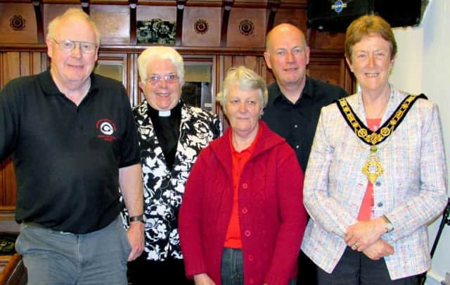 Kieran Dempsey, Glens of Antrim Comhaltas Chairperson and Chair of the Heart of the Glens Festival Committee, Reverend Helen MacArthur of Layde Church of Ireland, Mrs Murphy and Paul McAlister with the Mayor of Causeway Coast and Glens Borough Council, Councillor Joan Baird OBE, following the Dalriada Sounds concert.