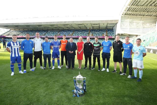 Pictured at the launch of the Danske Bank Premiership at the National Stadium with Nicola McCleery, Head of Marketing, Danske Bank and Stephen Bell, Chairman of the Premiership Management Committee are Josh Carson, Coleraine; Jonny Tuffey, Glenavon; Kyle Owens, Ballymena; Craig McMillan, Ards; Seanan Clucas, Dungannon; Mark Surgeonor, Carrick; Ryan Catney, Cliftonville; Curtis Allen, Glentoran; Ryan Curran, Ballinamallard; Sean O'Neill, Crusaders; Andy Mitchell, Linfield and Seanna Foster, Warrenpoint.