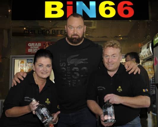 Halpor Julius Bjornsson aka Gregor "The Mountain" Clegane made an appearance in BiN66 to promote his Icelandic Mountain Vodka, there to greet him were Off Licence Manager Pamela Drake and Bar Manager Marty Lennon. Â©Edward Byrne Photography INBL1733-246EB