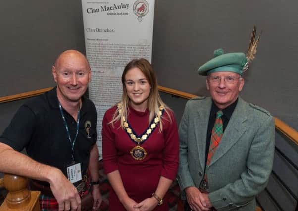 Mid and East Antrim Deputy Mayor Cllr Cheryl Johnston welcomed Clan Chief Hector MacAulay and Laurence McAuley to the international clan gathering at the Loughshore Hotel, Carrickfergus.