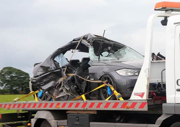 One of the vehicles involved in a serious crash at the Old Ballynahinch Road outside Lisburn.