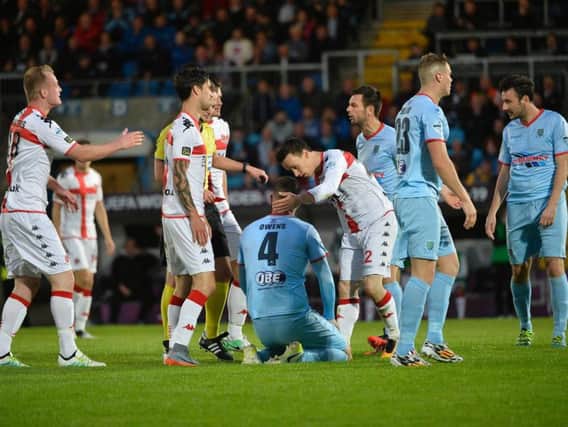 Ballymena's Kyle Owens sees red after a foul on Crusaders goalscoring hero Paul Heatley.