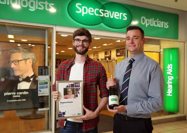 Pictured outside Specsavers Rushmere Shopping Centre is regional finalist, Padraig Rea with Store Director, JP Rice.