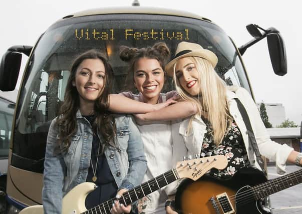 With tens of thousands of music fans expected at Vital Festival, Translink is providing special bus, coach and train services for performances by Muse (Wednesday 23rd August) and Tiesto (Saturday 26th August) at Boucher Playing Fields in South Belfast including late night services to bring people safely home. For full details click www.translink.co.uk/vital/ , follow @Translink_NI or call 028 90 66 66 30. Pictured getting ready for the massive music gig are music fans l-r Elora Denny, Aine Kelly and Emma Lewis.
 Picture by Brian Morrison.