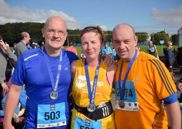 Roy Rooney, Julie Rooney and Sean Hillis, all of Glengormley, were among more than 1,100 runners who took part in the 2017 Deep RiverRock Belfast City Half Marathon in aid of learning disability charity Mencap, the official charity of the event.
Money raised from the 13.1-mile race will support the development of Mencaps family support service, a new initiative that offers bespoke guidance for families when a child is diagnosed with a learning disability.
Mencap will also be the official charity partner of the Deep RiverRock Belfast City Marathon in May 2018. To learn how you can get involved and #MoveIt4Mencap, email fundraising.ni@mencap.org.uk, call 028 9069 1351 or visit www.mencap.org.uk/nifundraising.
