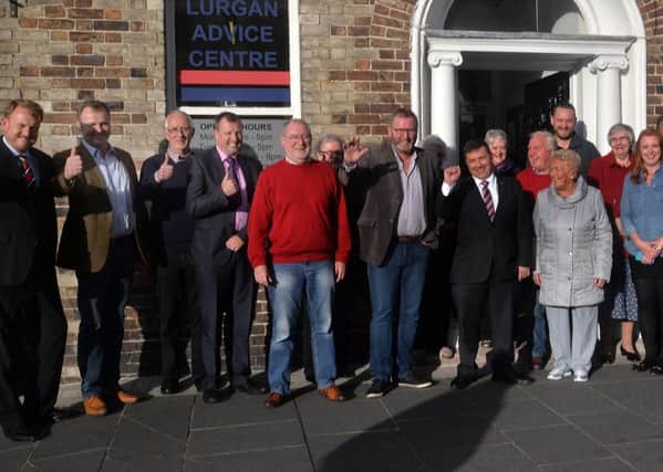 Ulster Unionist party leader, Robin Swann, centre, pictured with Councillors, MLAs and party members at the official opening of the Lurgan UUP advice centre at 48B High St on Friday. INLM37-200.