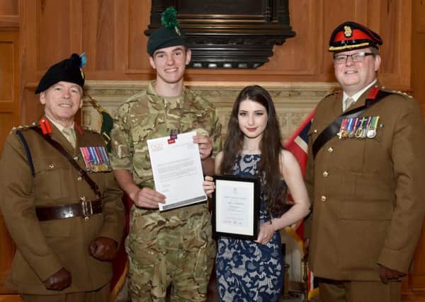 Pictured at the awards presentation are, from left, Colonel Keith Dowell (Commandant, 2nd NI Battalion Army Cadet Force), Cadet Sergeant Hayden Baynes, Cadet Company Sergeant Major - and Master Cadet - Sarah Watson and Colonel Paul Shepherd (38 (Irish) Brigade, Colonel Cadets).