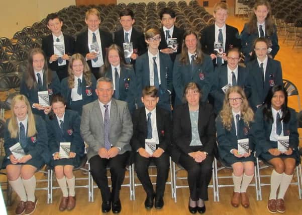 Mr W. Brown (Head of Religious Studies) and Mrs H. Evans (Vice Principal) with pupils who won prizes in the Schools' Bible Project 2017.