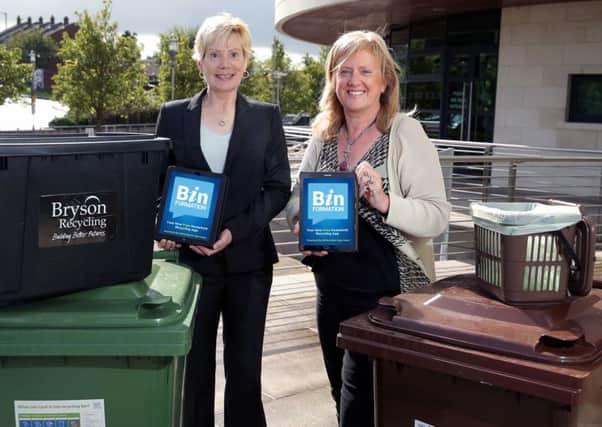 Councillor Janet Gray MBE, Vice-Chair of the council's Environmental Services Committee, and Heather Moore, Director of Service Delivery (Regulated), promote the council's new 'Binformation' app and encourage residents to download it during Recycle Week (Sept 25 - Oct 1).