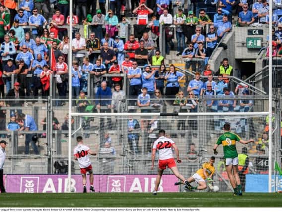 Patrick Quigg scores a second half penalty during the Electric Ireland GAA Football All-Ireland Minor Championship Final at Croke Park in Dublin.