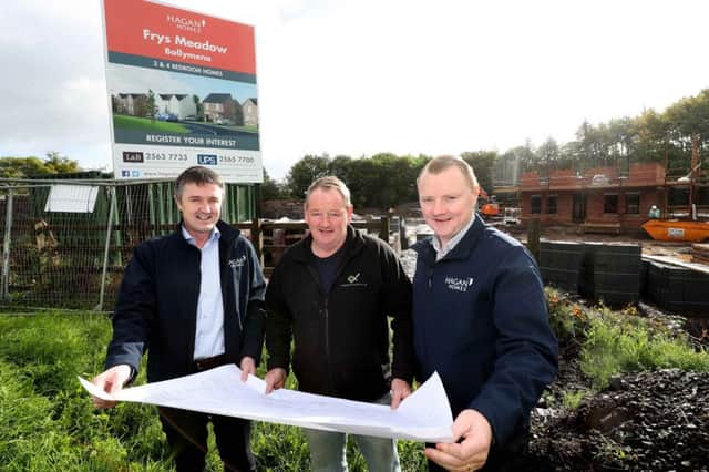 Pictured are (l-r) Jim Burke, Director of Sales and Acquisitions, Hagan Homes; Brendan Mallon, managing director, Nollam Contracts Limited, the main contractor for the Frys Meadow project; and Trevor Kennedy, Director of Construction, Hagan Homes.  Picture: William Cherry/Press Eye