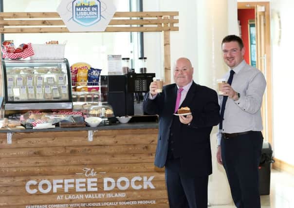 Pictured at the new Coffee Dock in Lagan Valley Island are Jonathan Mallon, General Manager at OCS, and Councillor Scott Carson, Chairman of the council's Corporate Services Committee.