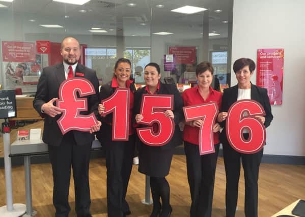 Staff from Santander, Larne branch, (L-R): Graham Ireland, Kate Kinny, Laura Gribben, Patrice McKeown and Mary Dalzell took part in Action Cancers 10K Bra Walk in June 2017. Together with their customers they raised an amazing Â£1576 for the charity and would like to thank everyone who made a donation. This money will be used for Action Cancers lifesaving breast screening service (Action Cancer provides free mammograms for ladies aged 40-49 and 70+).