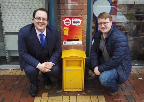 Cllr Alexander Redpath and Cllr Nicholas Trimble at the drugs bin located in Seymour Hill.