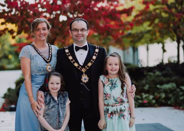 Mayor of Antrim and Newtownabbey, Councillor Paul Hamill and Mayoress of Antrim and Newtownabbey, Mrs Ruth Hamill are joined by daughters Grace and Sarah Hamill.(Contributed)
