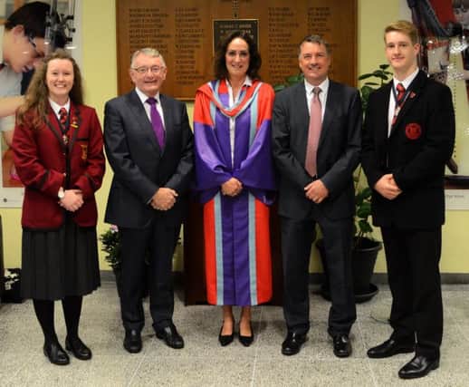 Head Girl Ellen Hall, Dr McMillen, Chairman Board of Governors, Dr Rainey, Principal Ballyclare High School, guest of honour Rick Hill and Head Boy Rory Dorman.