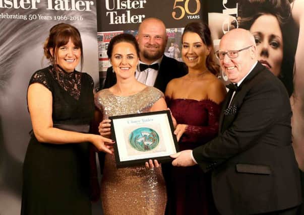 Award sponsor Cathy Fox (left) from Counterpoint with Kellie McIlroy, Leslie Quirey, Frances McAleavey and Martin Caldwell from The Speckled Hen, winner of the Public House of the Year title at the glittering Ulster Tatler Awards at Belfast City Hall. Pic by Stephen Davison