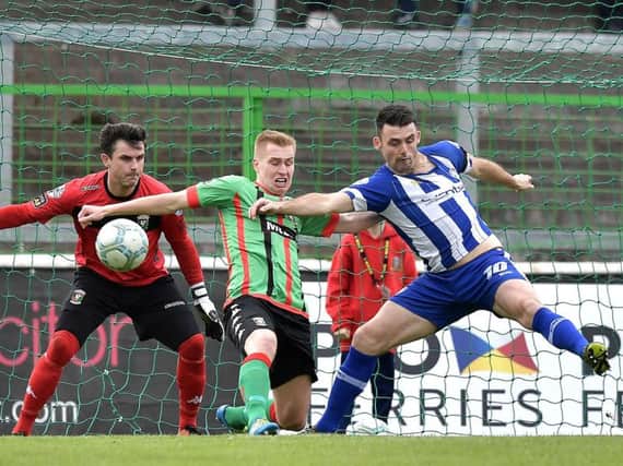 Coleraines Eoin Bradley tries to get his shot away during the game with Glentoran at the Oval. Photo Charles McQuillan/Pacemaker Press