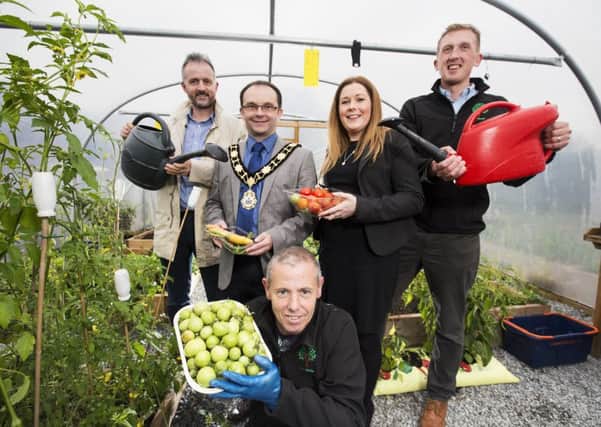 Pictured are Richard Rogers of The Alpha Programme; Councillor Paul Hamill, Mayor of Antrim and Newtownabbey, and Niamh-Anne McNally of Groundwork NI along with Mark Davis and Roy Millar of Monkstown Village Initiatives.  INNT 39-754-CON