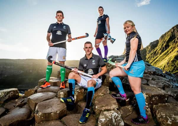 Pictured at the Hockey Ireland EY Hockey League Launch at the Giants Causeway are 

(left to right): Shane O'Donoghue of Glenanne, James Lorimer of Lisnagarvey, Gillian Pinder of Pembroke Wanderers and Chloe Brown of Ards.