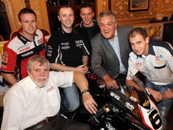 Eric Lyons (bottom left) pictured at the launch of the Sunflower Trophy races in 2008 with race sponsor Jim Finlay and riders including John Laverty, Michael Laverty, Ian Lowry and Nigel Percy.