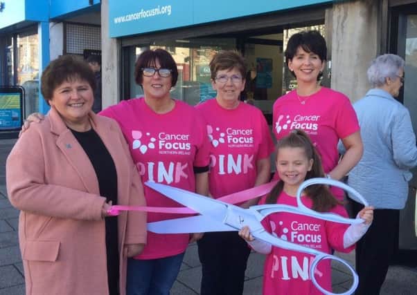 Officially opening the new Cancer Focus NI shop in Banbridge are Cancer Focus NI CEO Roisin Foster, volunteers Nora, Jennifer and Grace and shop manager Melissa Faulkner.