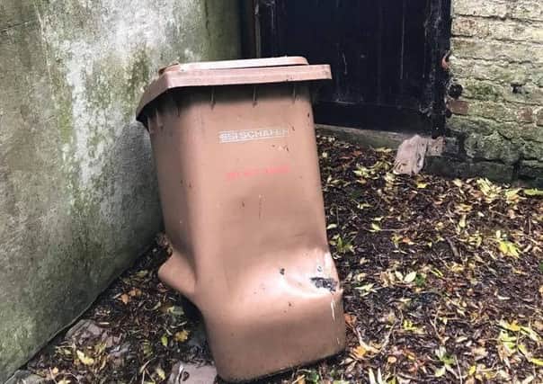 The bin which was damaged during the arson attack at St Pauls Church Hall, Gilford.