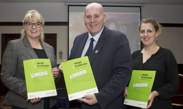 Julie Aiken from Samaritans pictured alongside Mayor of Mid and East Antrim Cllr Paul Reid and the Public Health Agencys Gabrielle Rawashdeh at the Suicide Prevention Training held at the Adair Arms Hotel, Ballymena.