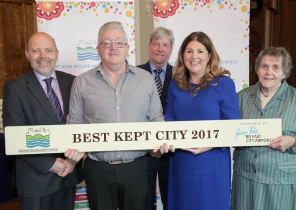 Winner in the Best Kept City Category of the NI Best Kept Awards is Derry-Londonderry. Dave Foster, Department of Agriculture, Environment and Rural Affairs, Joe Mahon, Patron of the NI Amenity Council, Michelle Hatfield, Human Resources and Corporate Responsibility Director at Belfast City Airport and Doreen Muskett, President of the NI Amenity Council, present Derry City and Strabane Council representative Jim McIvor with the award. The judges were impressed with the fresh, clean and vibrant atmosphere to the city, alongside the beautifully maintained and colourful displays of flowers at the roundabouts throughout.
The Best Kept City, Town, Village and Housing Area Awards is the grand finale of the Best Kept Awards initiative, and is a fantastic opportunity for schools, health and social care facilities, housing areas and towns, villages and cities across Northern Ireland to encourage local volunteering and civic pride in local areas.