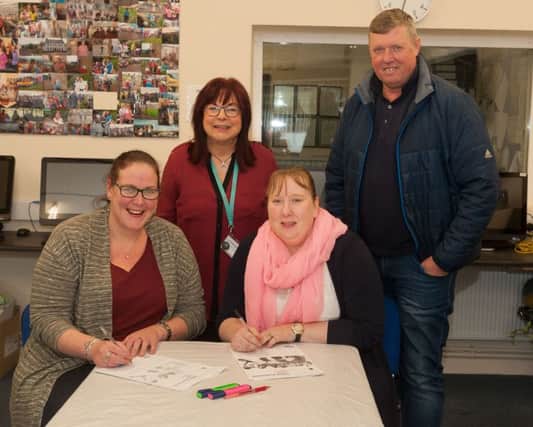 Samantha Taggart and Nicola Kirgan pictured with Doris Peden, Community Education Co-ordinator at Northern Regional College and Billy Ellis, Millburn Community Centre Co-ordinator.