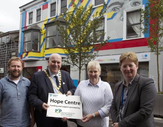 Jonathan Hodge, Manager of Hope Centre in Ballymena, along with Mayor of Mid & East Antrim Cllr Paul Reid, Chairperson May Anderson and Jackie Patton, Head of Community Planning at Mid and East Antrim Borough Council.