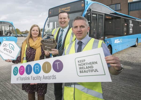From L-R making the presentation was Jennifer Firth from Keep NI Beautiful; who independently judge the Award; with winners, Translinks Craigavon Service Delivery Manager, Gary Mawhinney and Andy Bate, Environmental Manager.