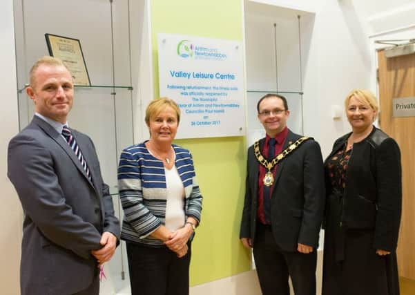 Mayor of Antrim and Newtownabbey, Councillor Paul Hamill is joined by Chief Executive, Jacqui Dixon; Head of Leisure, Matt McDowell and Valley Leisure Centre Manager, Sean Doherty for the official reopening of the Valley Leisure Centre fitness suite.