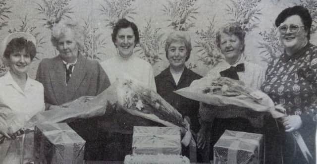 Catering assistants from Gransha Hospital in Londonderry who retired in 1989 - Jean Brown, Margaret Bell and Lily Simpson. The ladies were given gifts from Esther Pearson, Marjorie Holmes and Fionnuala Toland.