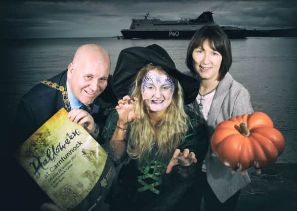 Mayor of Mid and East Antrim, Cllr Paul Reid with Ashley McMaster, Carnfunnock Country Park and Karen Wallace, Marketing Communications Manager P&O Ferries.  Pic Â©Press Eye/Darren Kidd
