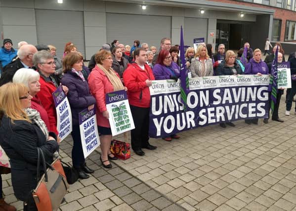 Part of the crowd which attended a rally at Portadown Health Centre to protest at the handling of the GP crisis at Bannview Medical Practice.