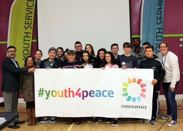Young people from the Portrush, Coleraine, Magherafelt and Ballycastle areas with special guests Dr Ahmad Naser Sarmast, Founder of Afghanistan National Institute of Music, Amada Benavides, President of the Columbian peace-building organisation, Escuelas de Paz, and London rapper and DJ Raphael Frank
