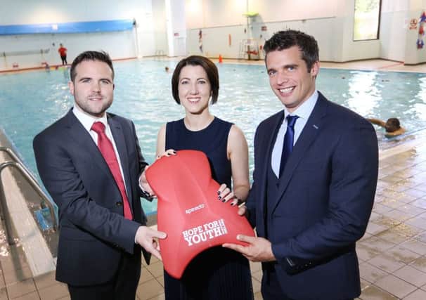 Swimmers Shane Boylan and Peter Cunningham join Director of Alternative Legal Services for UK, US & EMEA  Lisa McLaughlin to show their support for the upcoming Hope For Youth House of Lords v House of Commons charity swim, sponsored by Speedo.