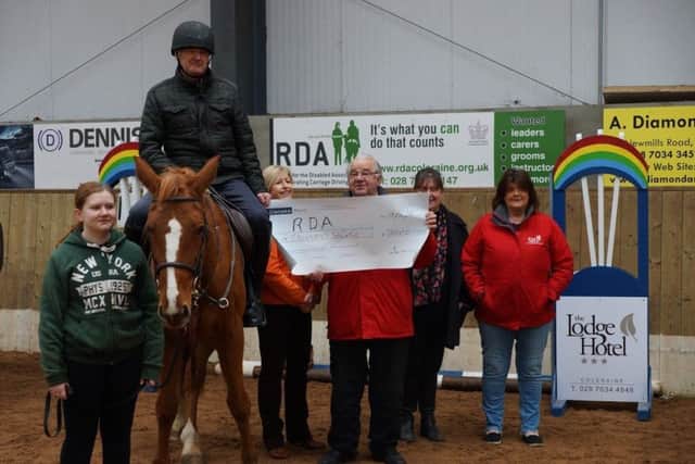 Josie Woods (RDA assistant), Brian Moore (on horseback), Iris Rowntree (fashion show organising committee), Rex Humphries MBE (founder member of the RDA), Cate Greer and Anne Stokesberry (RDA fundraising team).