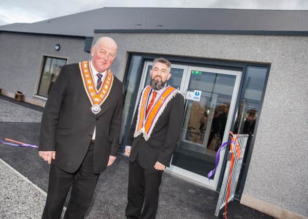 Grand Master Edward Stevenson (left) and Kilcluney worshipful master Bryan Hunter at the opening of the new Orange hall in Markethill