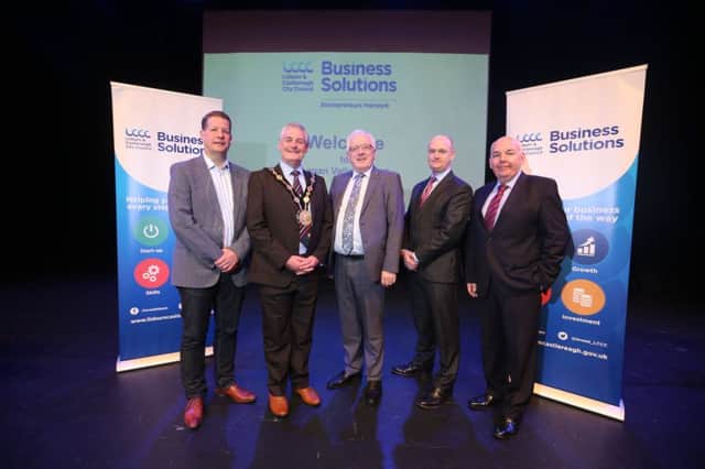 Pictured at the High Trust Networking event are (l-r) Patrick Leggett, Group Director at Xperience Group; Mayor Tim Morrow; Alderman Allan Ewart MBE, Chairman of the council's Development Committee; Sean Weafer, a professional networker and Bill Manson, Management and Leadership Network.